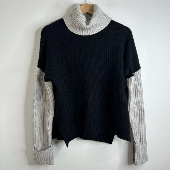 360 Cashmere TurtleneckSweater Womens Medium Black Gray Colorblock Ribbed Luxury - Picture 1 of 10